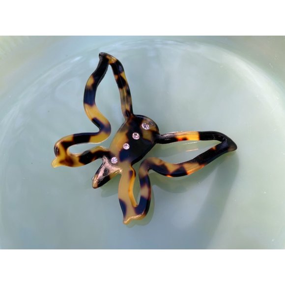 Vintage Celluloid Plastic Faux Tortoise Butterfly Brooch Rhinestones - Picture 4 of 7